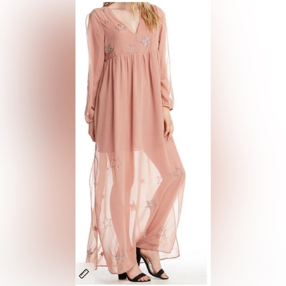 NWT Chaser Beaded Star Split Long Sleeve Pink Maxi Dress - Picture 1 of 5